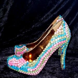 Y2K Art To Wear Full Rhinestone Mixx Shuz High Heels Slip On Dress Shoes Sz 5.5